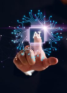 Artificial intelligence AI circuit board in shape electronic PCB circuit icon symbol on businessman hand finger touching with cyberpunk neon cyberspace lighting. Innovative technology Machine learning