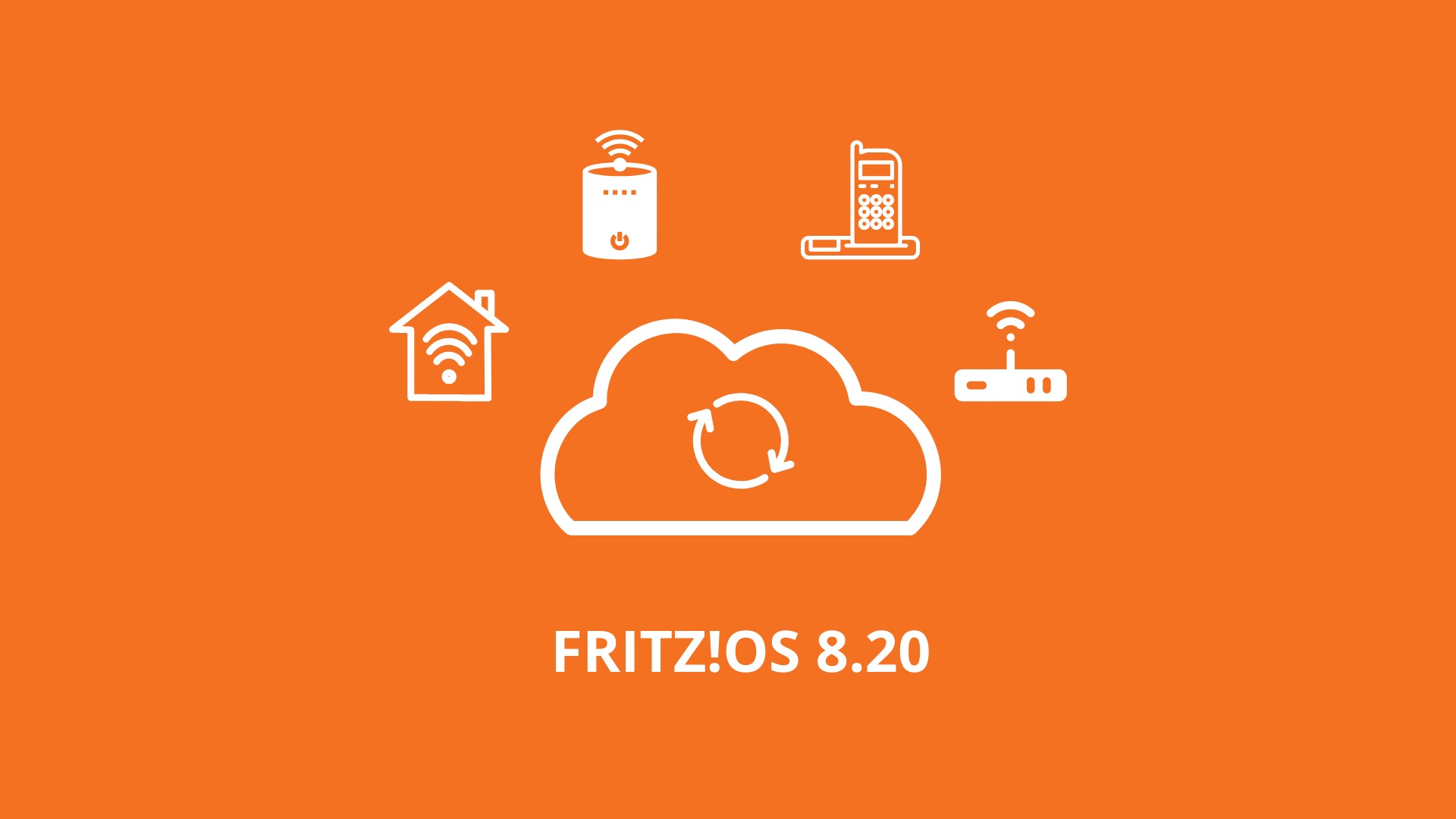 Das Bild zeigt eine Grafik zum Update FRITZ!OS 8.20 für die FRITZ!Box in weiß auf orangefarbenen Hintergrund. Über Symbole wie ein Telefon, ein Router etc., die ein Update-Symbol umgeben, ist grafisch dargestellt, dass das Update neue Funktionen für Geräte im Heimnetzwerk enthält.