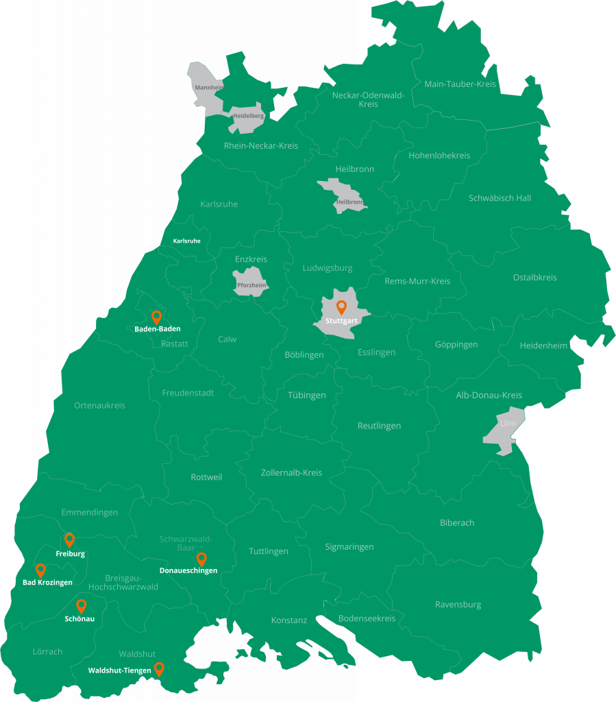 Landkarte von Baden-Württemberg mit den eingezeichneten Standorten der Niederlassungen