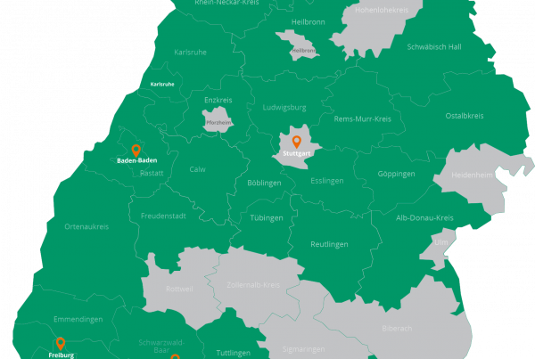 Landkarte von Baden-Württemberg mit den eingezeichneten Standorten der Niederlassungen