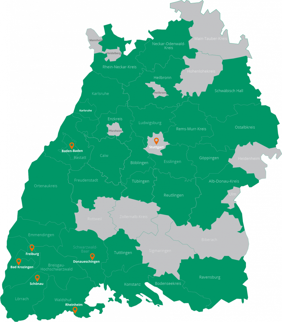 Landkarte von Baden-Württemberg mit den eingezeichneten Standorten der Niederlassungen