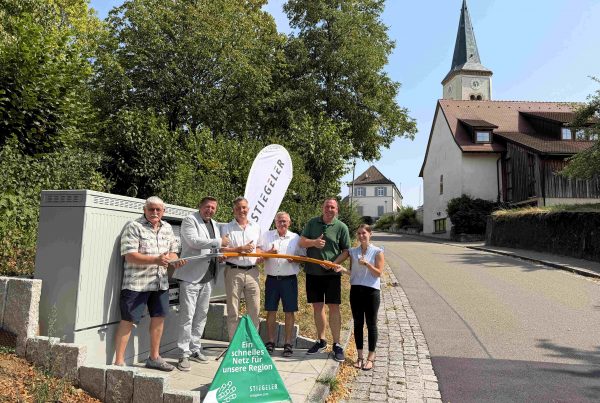 Vertreter von Stiegeler und der Gemeinde bei der feierlichen Netzinbetriebnahme.