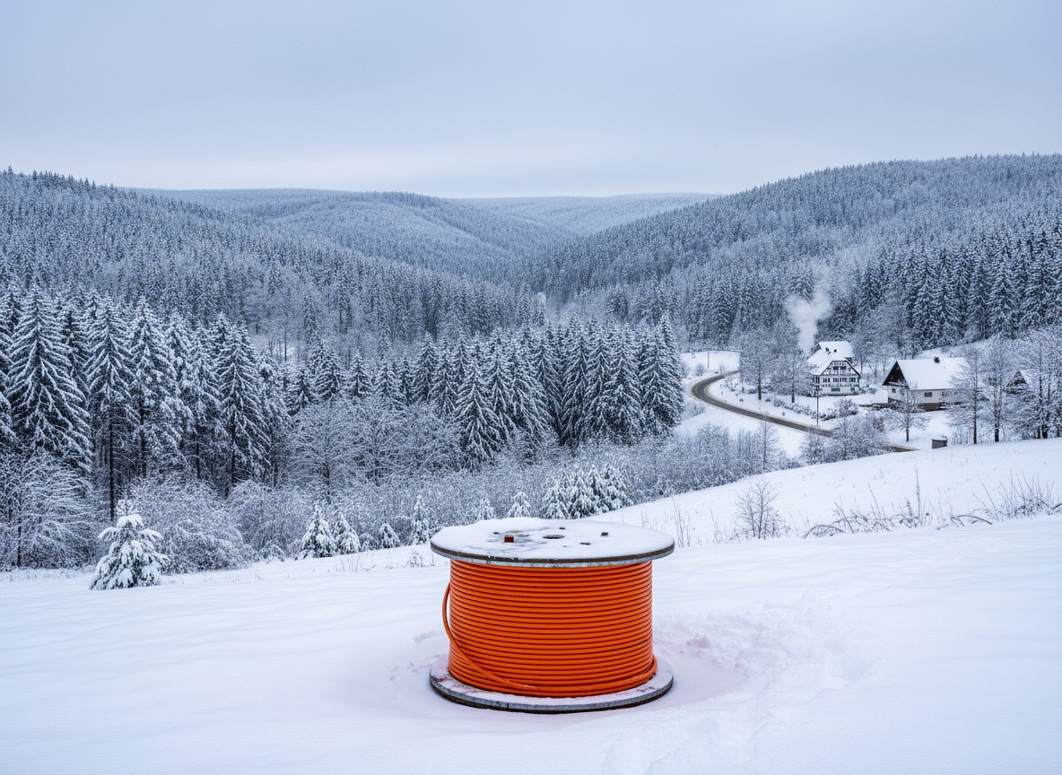 Das Bild zeigt eine orangefarbene Glasfaser-Kabeltrommel in einer verschneiten Schwarzwald-Landschaft.