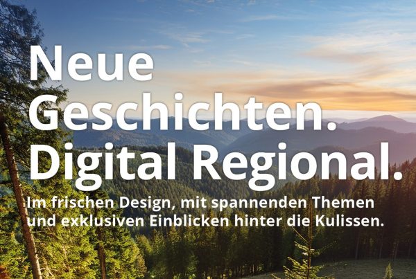 Symbolbild für die neue digitale Ausgabe des Kundenmagazins Unser Netz: Ein Panorama einer Schwarzwald-Landschaft, darüber der Schriftzug: Neue Geschichten. Digital Regiona. Im frischen Design, mit spannenden Themen und exklusiven Einblicken hinter die Kulissen.