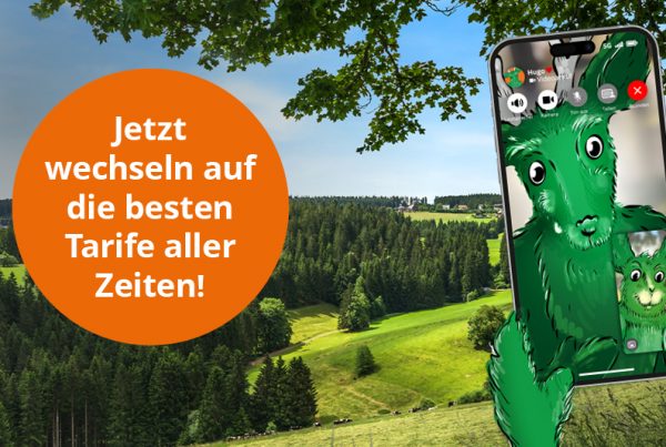 Symbolbild für Stiegeler Mobilfunk: Ein Smartphone zeigt die Stiegeler Maskottchen Hugo und Hilde beim Videotelefonat über das Stiegeler Mobilfunknetz. Der Text im Bild lautet: Jetz wechseln auf die besten Tarife aller Zeiten!