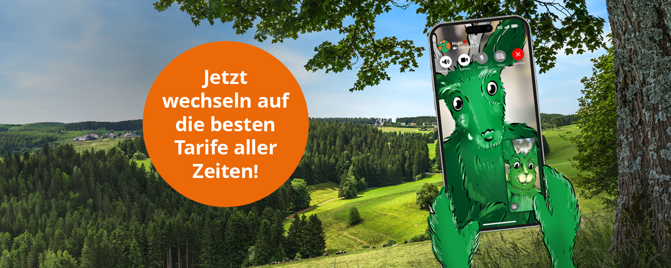 Symbolbild für Stiegeler Mobilfunk: Ein Smartphone zeigt die Stiegeler Maskottchen Hugo und Hilde beim Videotelefonat über das Stiegeler Mobilfunknetz. Der Text im Bild lautet: Jetz wechseln auf die besten Tarife aller Zeiten!