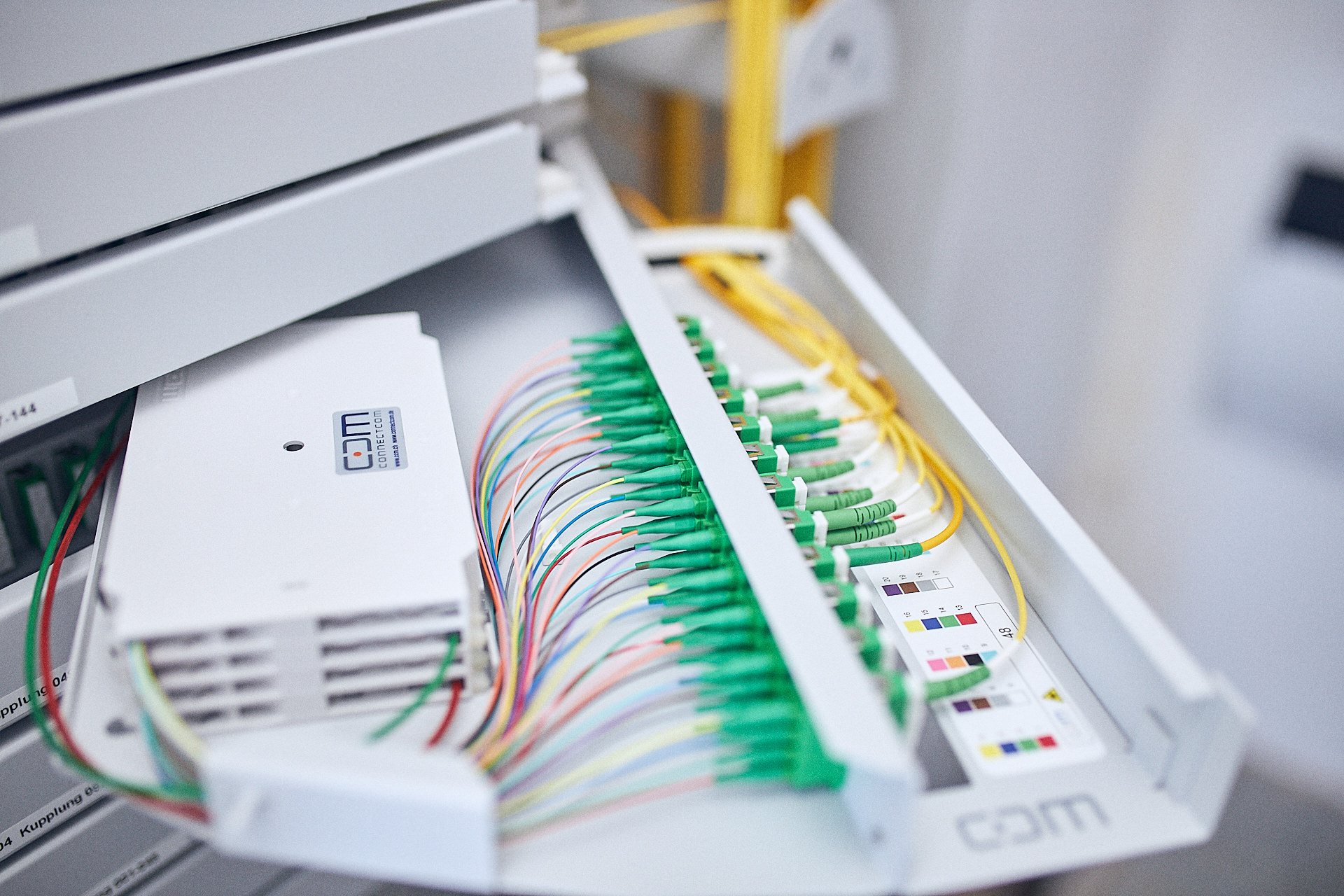 Gelbe Glasfaserkabel in einem Verteiler.